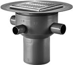 Purus Multiflex gulvafløb med lodret Ø110 mm afløb og 3 sideindløb samt smøremembran. Til beton & fliser. PP plast
